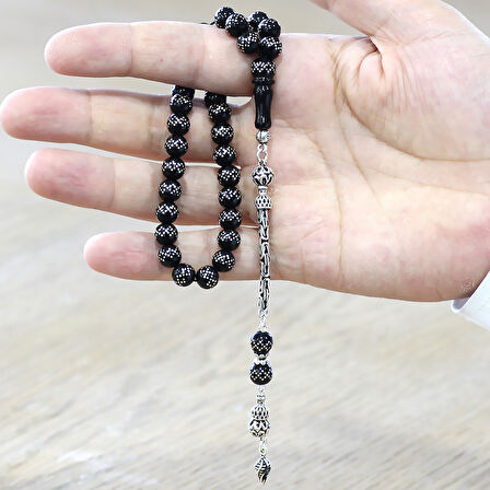 925 Ayar Gümüş Kral Zincir Püsküllü Gümüş İşlemeli Rus Oltu Tesbih