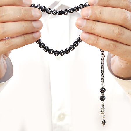 925 Ayar Gümüş Kral Zincir Püsküllü Gümüş İşlemeli Rus Oltu Tesbih