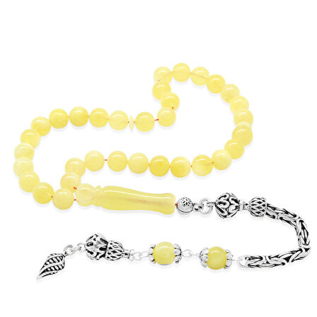 925 Ayar Gümüş Kral Zincir Püsküllü Küre Kesim Soft Sarı Beyaz Doğal Damla Kehribar Tesbih