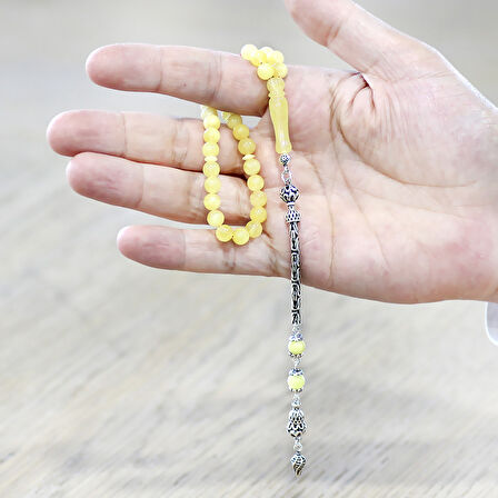 925 Ayar Gümüş Kral Zincir Püsküllü Küre Kesim Soft Sarı Beyaz Doğal Damla Kehribar Tesbih