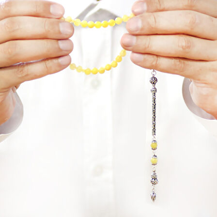 925 Ayar Gümüş Kral Zincir Püsküllü Küre Kesim Soft Sarı Beyaz Doğal Damla Kehribar Tesbih