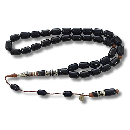 925 Ayar Gümüş Nakkaş İmameli Sistemli Oltu Taşı Tesbih Kuka Ağacı Dolgulu Uçlu Kapsül Kesim