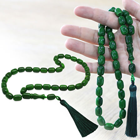 Osmanlı Saray Püsküllü Çubuk Sıkma Kehribar Tesbih Maxi Boy Hareli Yeşil Kapsül Kesim