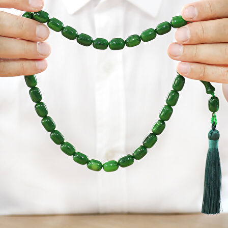 Osmanlı Saray Püsküllü Çubuk Sıkma Kehribar Tesbih Maxi Boy Hareli Yeşil Kapsül Kesim