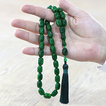 Osmanlı Saray Püsküllü Çubuk Sıkma Kehribar Tesbih Maxi Boy Hareli Yeşil Kapsül Kesim