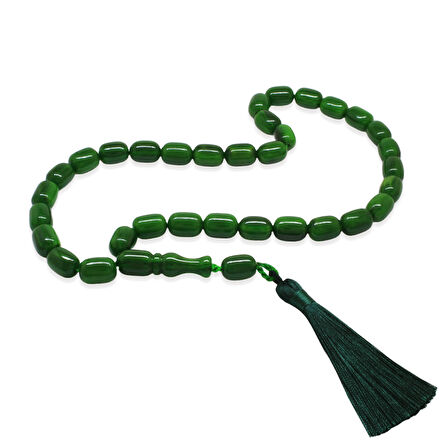 Osmanlı Saray Püsküllü Çubuk Sıkma Kehribar Tesbih Maxi Boy Hareli Yeşil Kapsül Kesim