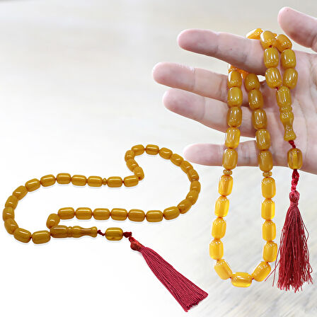 Osmanlı Saray Püsküllü Sarı Çubuk Sıkma Kehribar Tesbih Maxi Boy Kapsül Kesim