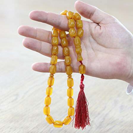 Osmanlı Saray Püsküllü Sarı Çubuk Sıkma Kehribar Tesbih Maxi Boy Kapsül Kesim