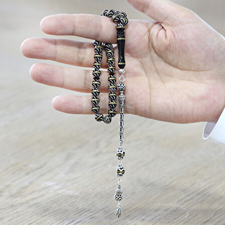 Kuka Tesbih – Siyah – 925 Ayar Gümüş Püsküllü - Pirinç Sarmal - Beyaz Mine Dolgulu – İstanbul Kesim