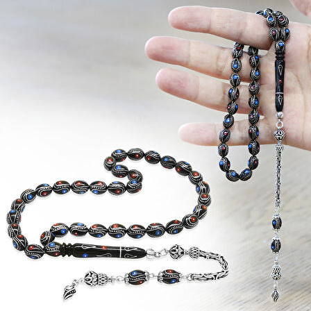 Erzurum Oltu Taşı Tesbih - 925 Ayar Gümüş Kral Püsküllü - Firuze Mercan İşlemeli - Arpa Kesim