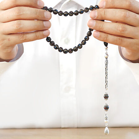 Erzurum Oltu Taşı Tesbih - 925 Ayar Gümüş Kral Püsküllü - Firuze Mercan İşlemeli - Küre Kesim