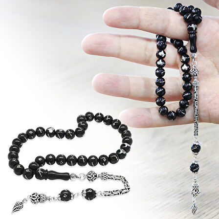 Rus Oltu Taşı Tesbih - 925 Ayar Gümüş Kral Püsküllü - Gümüş Tuğra İşlemeli - Küre Kesim