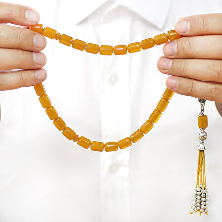 Çubuk Sıkma Kehribar Tesbih - Osmanlı Saray Püsküllü - Sarı Renk - Kapsül Kesim