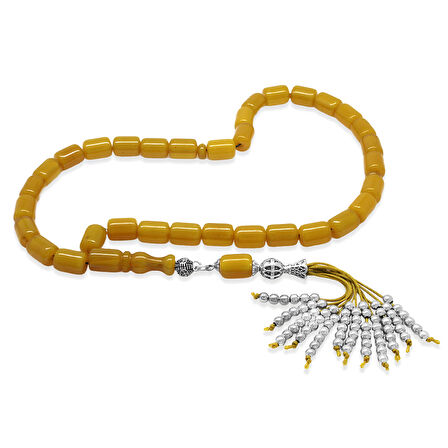 Çubuk Sıkma Kehribar Tesbih - Osmanlı Saray Püsküllü - Sarı Renk - Kapsül Kesim