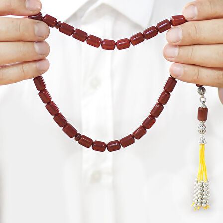 Çubuk Sıkma Kehribar Tesbih - Osmanlı Saray Püsküllü - Koyu Kırmızı Renk - Kapsül Kesim