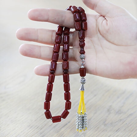 Çubuk Sıkma Kehribar Tesbih - Osmanlı Saray Püsküllü - Koyu Kırmızı Renk - Kapsül Kesim