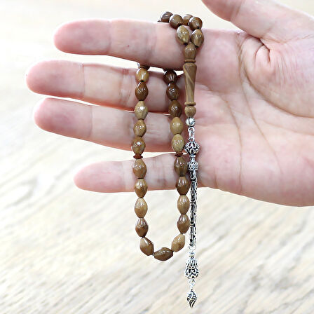 Kuka Tesbih - 925 Ayar Gümüş Kral Püsküllü - Kahverengi - Arpa Kesim