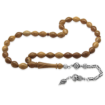 Kuka Tesbih - 925 Ayar Gümüş Kral Püsküllü - Kahverengi - Arpa Kesim