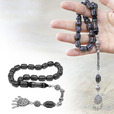 Premium Kutulu - Erzurum Oltu Efe Tesbih - 925 Ayar Gümüş Püskül - Gümüş Yatay Nokta Şerit İşlemeli