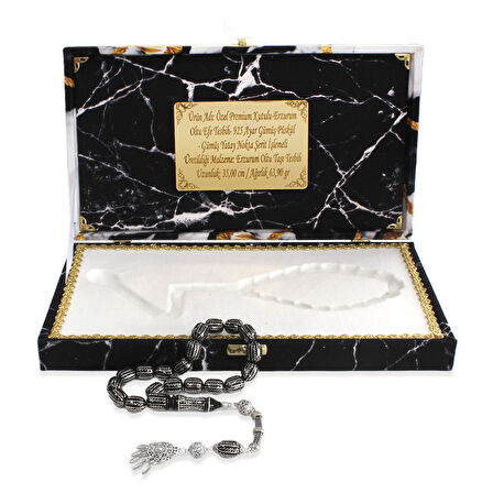 Premium Kutulu - Erzurum Oltu Efe Tesbih - 925 Ayar Gümüş Püskül - Gümüş Yatay Nokta Şerit İşlemeli