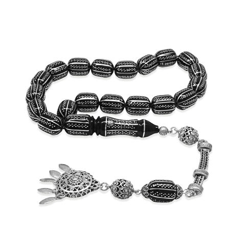 Premium Kutulu - Erzurum Oltu Efe Tesbih - 925 Ayar Gümüş Püskül - Gümüş Yatay Nokta Şerit İşlemeli