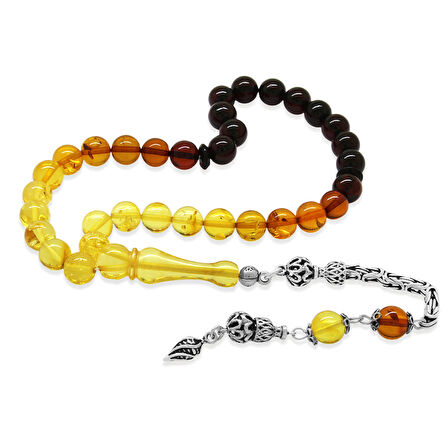 Damla Kehribar Tesbih - 925 Ayar Gümüş Kral Zincirli - Süzme Sarı Kırmızı Renk - Küre Kesim