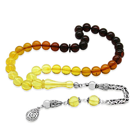 Damla Kehribar Tesbih - 925 Ayar Gümüş Kral Zincirli - Süzme Kırmızı Sarı Renk - Küre Kesim