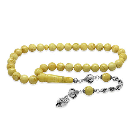 Damla Kehribar Tesbih - 925 Ayar Gümüş Halat Püsküllü - Küre Kesim - King Seccer - Premium Kutulu