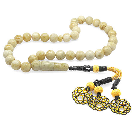 Damla Kehribar Tesbih - 1000 Ayar Gümüş Kazaz Püsküllü - Küre Kesim - King Seccer - Premium Kutulu