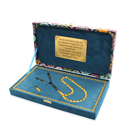 Damla Kehribar Tesbih - 1000 Ayar Gümüş Kazaz Püsküllü - Arpa Kesim - King Seccer - Premium Kutulu