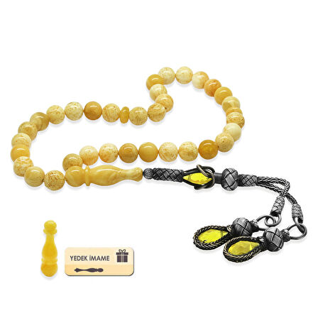 Damla Kehribar Tesbih - 1000 Ayar Gümüş Kazaz Püsküllü - King Seccer - Küre Kesim - Premium Kutulu