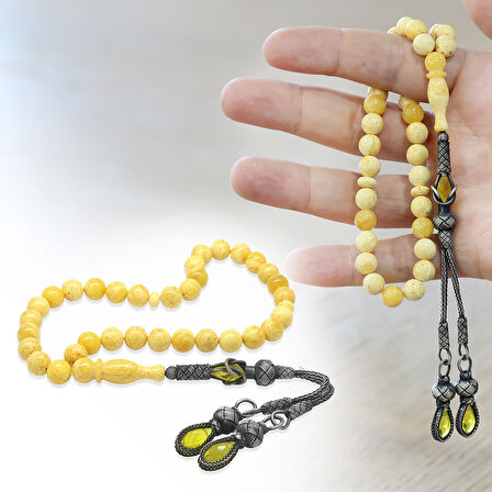 Damla Kehribar Tesbih - 1000 Ayar Gümüş Kazaz Püsküllü - King Seccer - Premium Kutulu - Küre Kesim