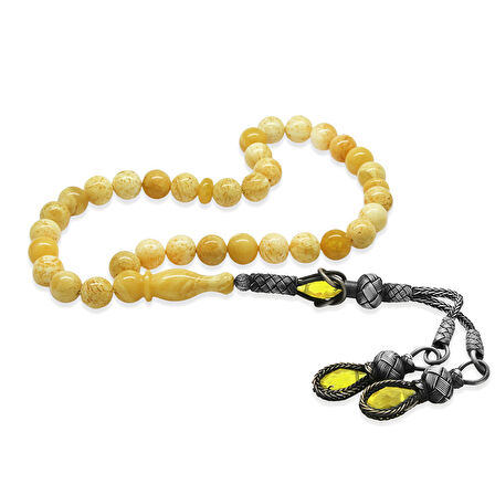 Damla Kehribar Tesbih - 1000 Ayar Gümüş Kazaz Püsküllü - King Seccer - Premium Kutulu - Küre Kesim