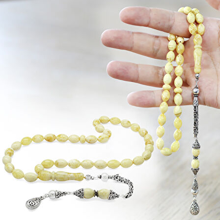 Damla Kehribar Tesbih - 925 Ayar Gümüş Kral Püsküllü - King Seccer - Arpa Kesim - Premium Kutulu