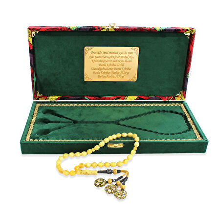 Damla Kehribar Tesbih - 1000 Ayar Gümüş Kazaz Püsküllü - King Seccer - Arpa Kesim - Premium Kutulu