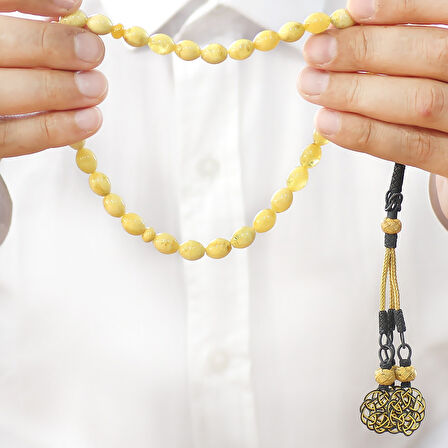 Damla Kehribar Tesbih - 1000 Ayar Gümüş Kazaz Püsküllü - King Seccer - Arpa Kesim - Premium Kutulu