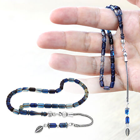 Ateş Kehribar Tesbih - 925 Ayar Gümüş Zincir Püsküllü - Bilek Boy - Mavi Beyaz Renk - Kapsül Kesim