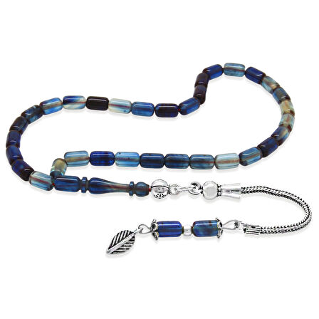 Ateş Kehribar Tesbih - 925 Ayar Gümüş Zincir Püsküllü - Bilek Boy - Mavi Beyaz Renk - Kapsül Kesim