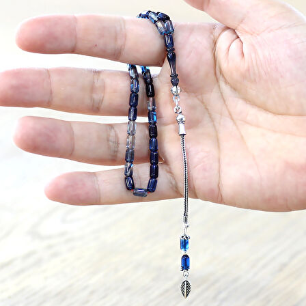 Ateş Kehribar Tesbih - 925 Ayar Gümüş Zincir Püsküllü - Bilek Boy - Mavi Beyaz Renk - Kapsül Kesim