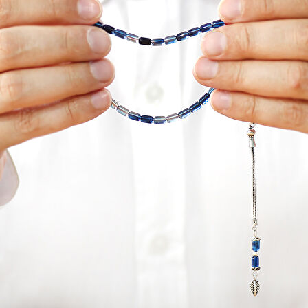 Ateş Kehribar Tesbih - 925 Ayar Gümüş Zincir Püsküllü - Bilek Boy - Mavi Beyaz Renk - Kapsül Kesim