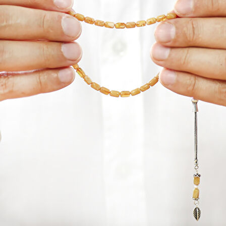 Ateş Kehribar Tesbih - 925 Ayar Gümüş Zincir Püsküllü - Bilek Boy - Sarı Beyaz Renk - Kapsül Kesim