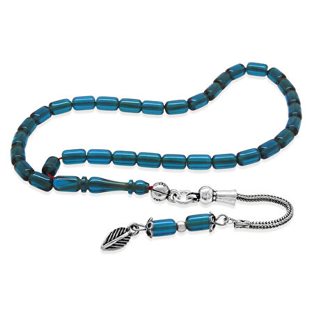 Ateş Kehribar Tesbih - 925 Ayar Gümüş Zincir Püsküllü - Bilek Boy - Mavi Renk - Kapsül Kesim