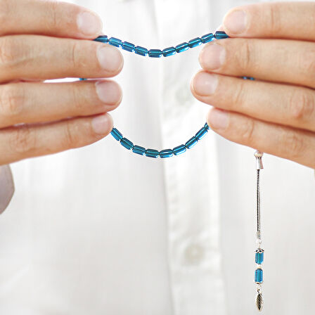 Ateş Kehribar Tesbih - 925 Ayar Gümüş Zincir Püsküllü - Bilek Boy - Mavi Renk - Kapsül Kesim