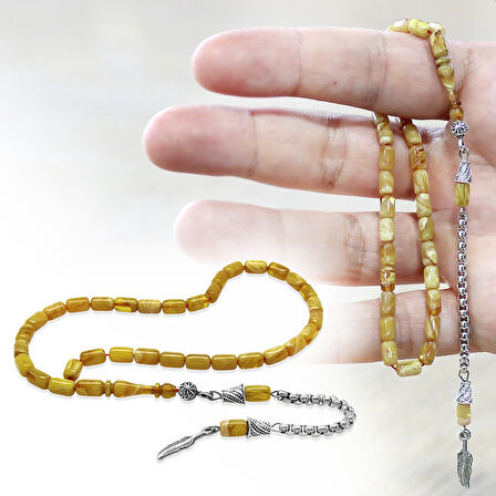 Ateş Kehribar Tesbih - Kararmaz Metal Püsküllü - Bilek Boy - Sarı Beyaz Renk - Kapsül Kesim