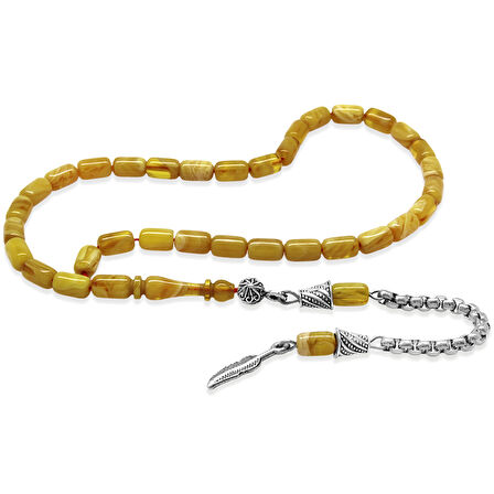 Ateş Kehribar Tesbih - Kararmaz Metal Püsküllü - Bilek Boy - Sarı Beyaz Renk - Kapsül Kesim