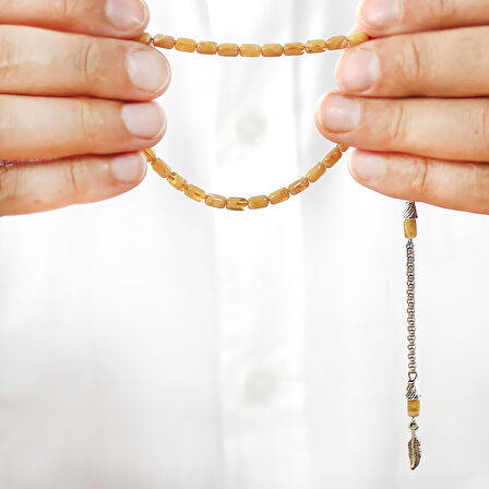 Ateş Kehribar Tesbih - Kararmaz Metal Püsküllü - Bilek Boy - Sarı Beyaz Renk - Kapsül Kesim