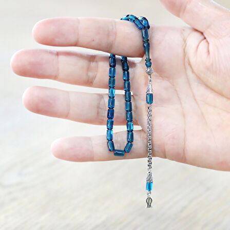 Ateş Kehribar Tesbih - Kararmaz Metal Püsküllü - Bilek Boy - Mavi Renk - Kapsül Kesim