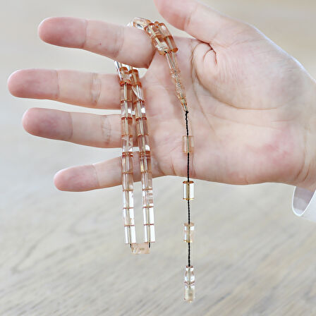 Ateş Kehribar Tesbih - Sistemli - Şeffaf Beyaz Hareli - Kesme Kesim