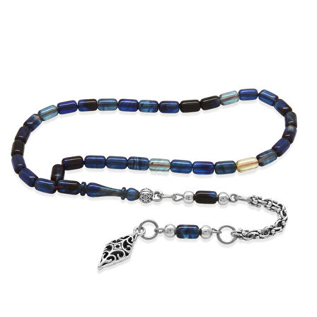 Ateş Kehribar Tesbih - Kararmaz Arnavut Püsküllü - Bilek Boy - Lacivert Beyaz Renk - Kapsül Kesim