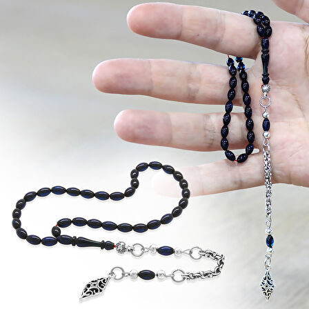 Sıkma Kehribar Tesbih - Kararmaz Metal Arnavut Püsküllü - Bilek Boy - Lacivert Renk - Arpa Kesim